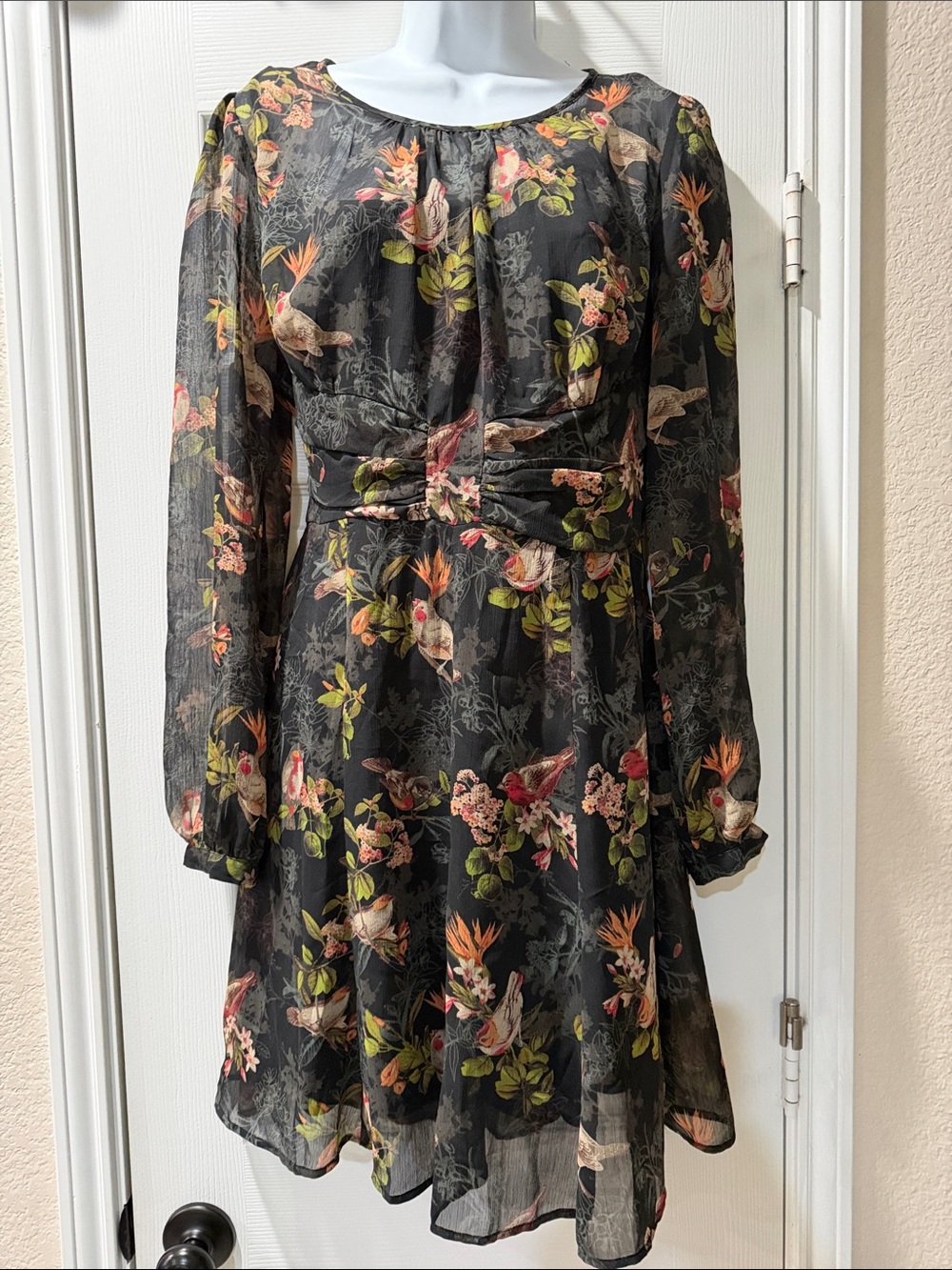 Vintage Black Floral & Bird Long-Sleeve Dress
